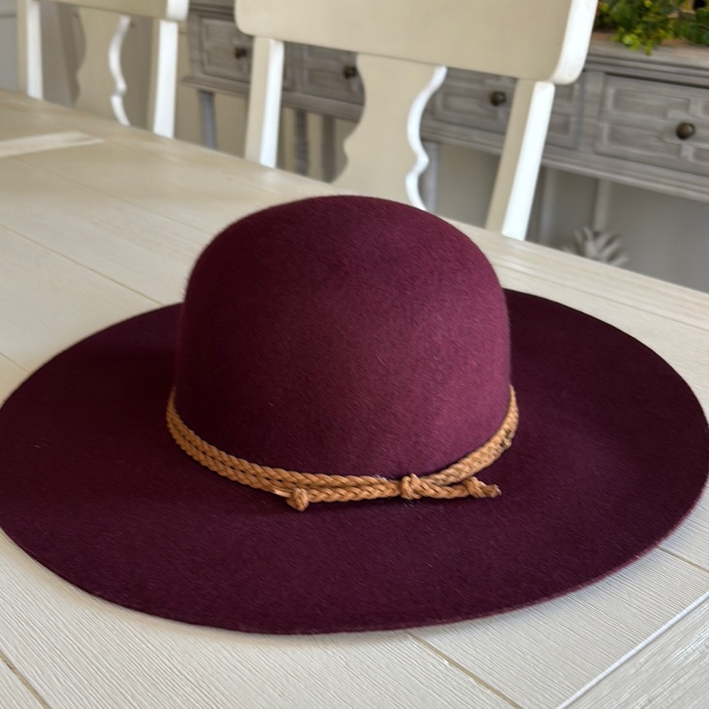 Elegant Burgundy Wide-Brim Hat with Tan Accent braided rope